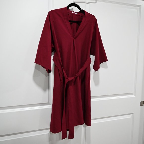 TOME NYC Size 2 V-Neck Belted Shift Dress Burgundy | Size 2 - Picture 4 of 10
